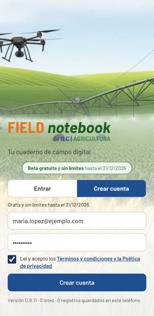 Pantalla para crear la cuenta