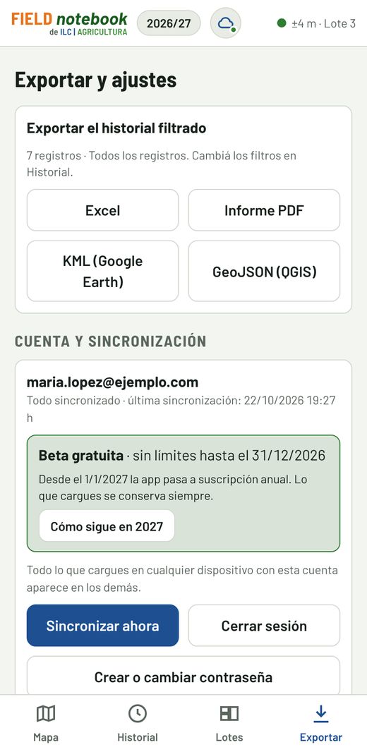 Pantalla de exportación